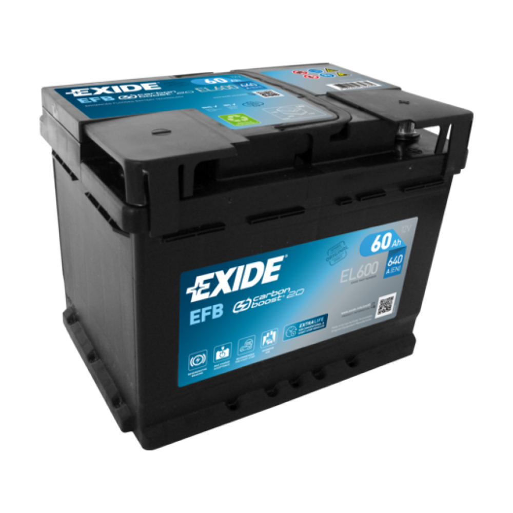Baterie auto Exide EL600 EFB – 12 V 60 Ah 640 A EN, tehnologie Start-Stop robustă și durabilă