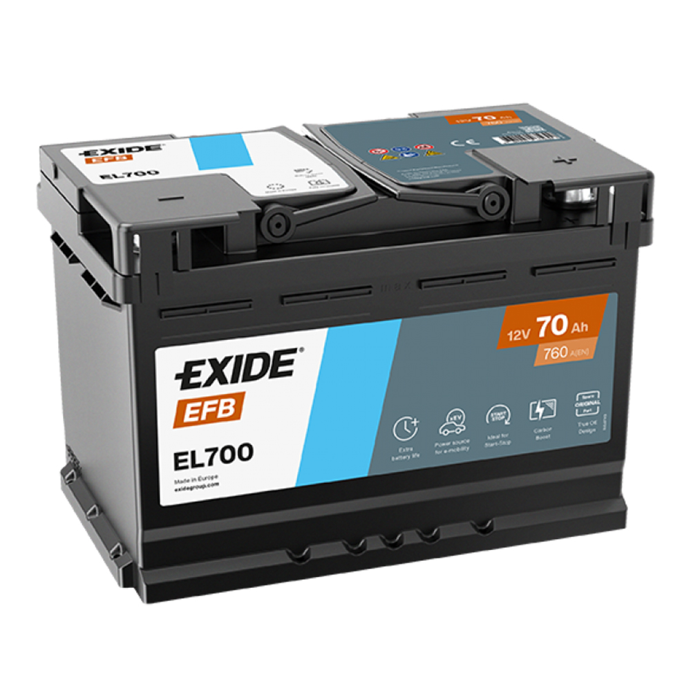 Baterie auto Exide EL700 EFB – 12 V 70 Ah 760 A EN, optimizată Start-Stop cu Carbon Boost 2.0